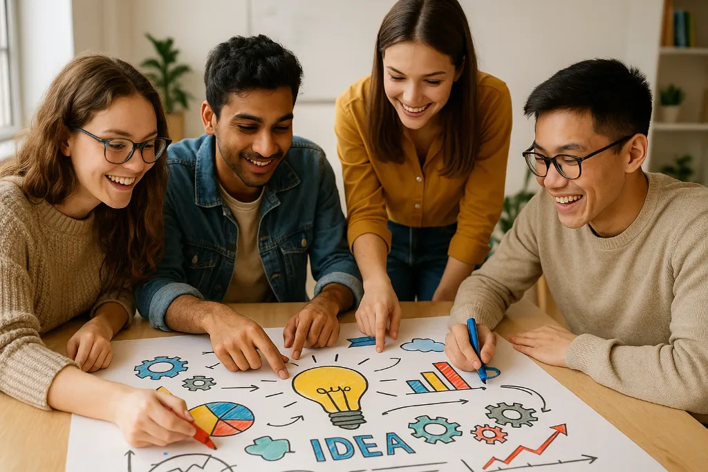 Ideen_entwickeln Gruppe von Studierenden skizziert eine Idee auf einem Plakat